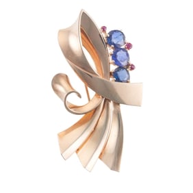 Trabert & Hoeffer Reflection Retro 14k Gold Sapphire Ruby Brooch