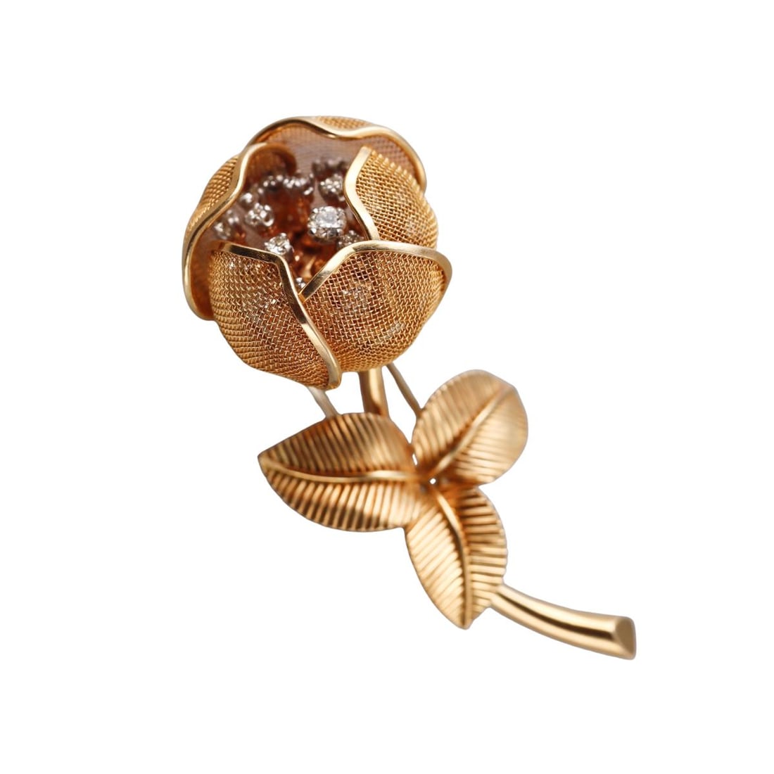 French 1960s 18k Gold En Tremblant Diamond Rose Flower Brooch: Metal : 18k Yellow Gold Designer : Not Signed Gemstone : Diamonds approx. 0.70ctw. Measurements : Brooch is 60mm long, the petals open and close, tremblant diamond elements. Marked: : Fre