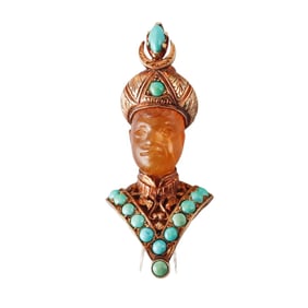 Nardi 18k Gold Amber Garnet Turquoise Blackamoor Brooch