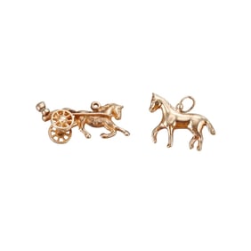 Vintage 14k Gold Horse Carriage Equestrian Charm Pendant Lot of 2