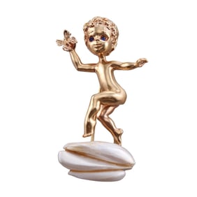 Ruser Retro 14k Gold Pearl Sapphire Tuesday's Child Cherub Brooch