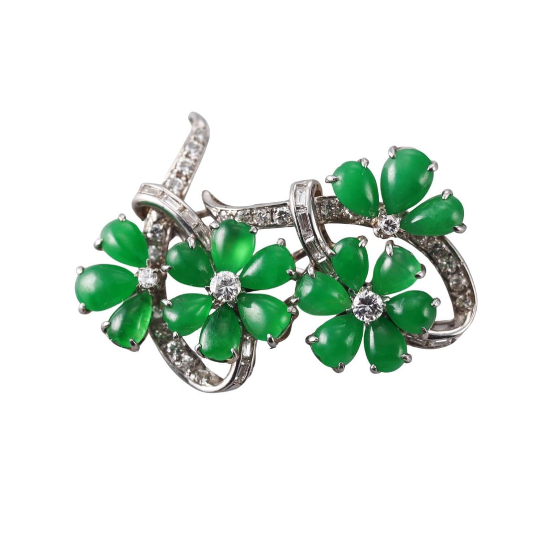 Trio Platinum Jade Diamond Flower Brooch Pin (1 of 4)