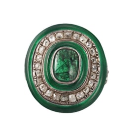 14k Gold Silver Rose Cut Diamond Emerald Enamel Ring