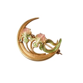 Krementz Antique 14k Gold Enamel Crescent Brooch Pin