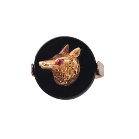 Antique 14k Gold Onyx Ruby Wolf Ring