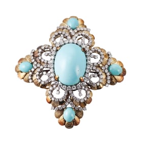 18k Gold 4ctw Diamond Turquoise Pendant Brooch Pin