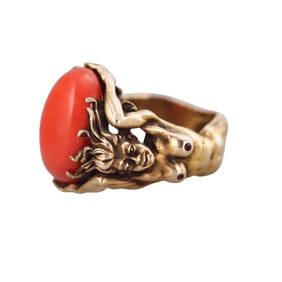 14k Gold Coral Nude Mermaid Figural Ring