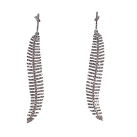 14k Gold Diamond Feather Motif Drop Earrings