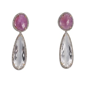 14k Gold Silver 7.62ctw Pink Sapphire Crystal Diamond Earrings