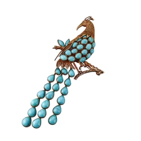 14k Gold Filigree Turquoise Ruby Peacock Brooch