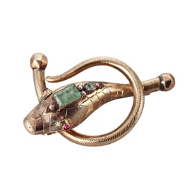Antique Victorian 14k Gold Emerald Ruby Pearl Snake Brooch