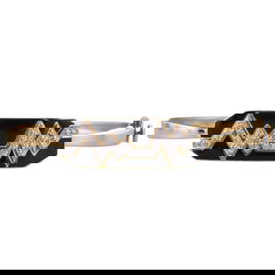 David Webb Black Enamel Diamond 18k Gold Platinum Skip Bracelet: Metal : 18k Yellow Gold / Platinum Designer : David Webb Gemstone : Diamonds approx. 0.34ctw. Measurements : Bracelet will fit approx. 6.5" wrist, center plaque is 12mm x 34mm. Marked: : D