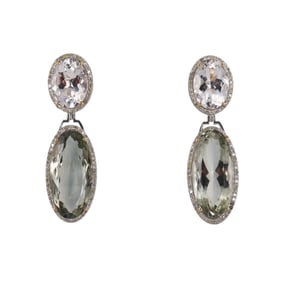 14k Gold Silver Prasiolite Diamond Crystal Earrings