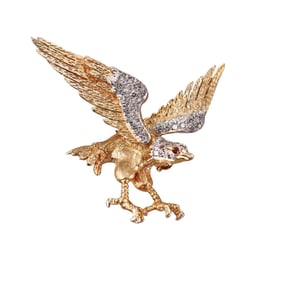 14k Gold Diamond Ruby Eagle Brooch Pendant