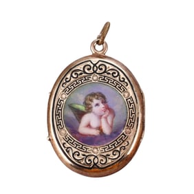 Antique Victorian 14k Gold Cherub Miniature Painting Locket Pendant