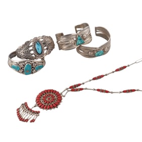 Native American Sterling Coral Turquoise Bracelet Necklace Lot 5pc