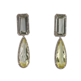 14k Gold Silver Lemon Topaz Prasiolite Diamond Earrings