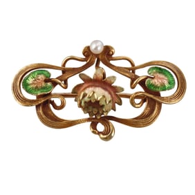 Art Nouveau 14k Gold Pearl Enamel Brooch