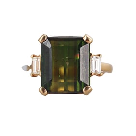 18k Gold 7ct Green Tourmaline Diamond Ring