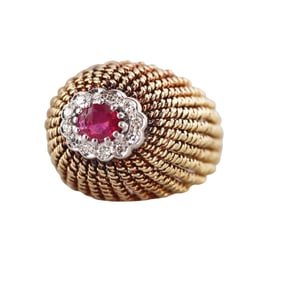 1960s 18k Gold Ruby Diamond Woven Dome Ring