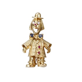 Peter Lindeman 18k Gold Ruby Diamond Sapphire Clown Brooch