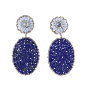 14k Gold Silver Carved Lapis Blue Opal Moonstone Diamond Earrings