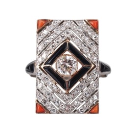 Platinum Gold Diamond Onyx Coral Ring