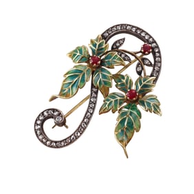 Antique Plique a Jour 18k Gold Silver Diamond Ruby Brooch