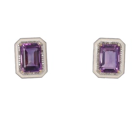 14k Gold Silver Amethyst Diamond Enamel Earrings