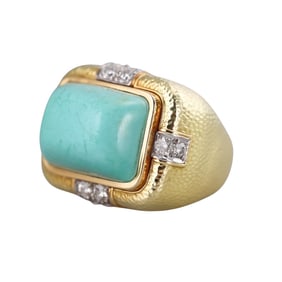 David Webb 18k Gold Platinum Diamond Turquoise Ring