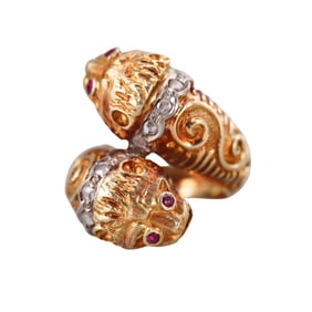 Lalaounis Greece 18k Gold Diamond Ruby Chimera Bypass Ring