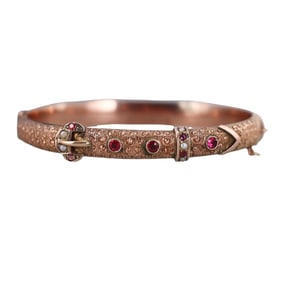 Antique Victorian English 9k Rose Gold Pearl Ruby Bangle Bracelet