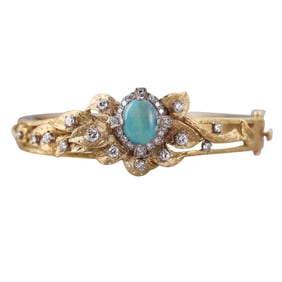 Vintage 18k Gold Opal Diamond Bangle Bracelet