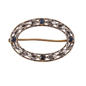 Antique Edwardian Platinum Gold Pearl Sapphire Brooch