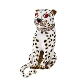 Italian 18k Gold Enamel Diamond Ruby Leopard Brooch