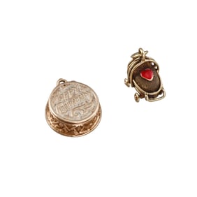 Vintage 14k Gold Baby Carriage and Anniversary Charm Pendant lot of 2