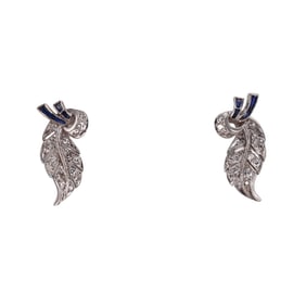 Midcentury 14k Gold Diamond Sapphire Leaf Motif Earrings