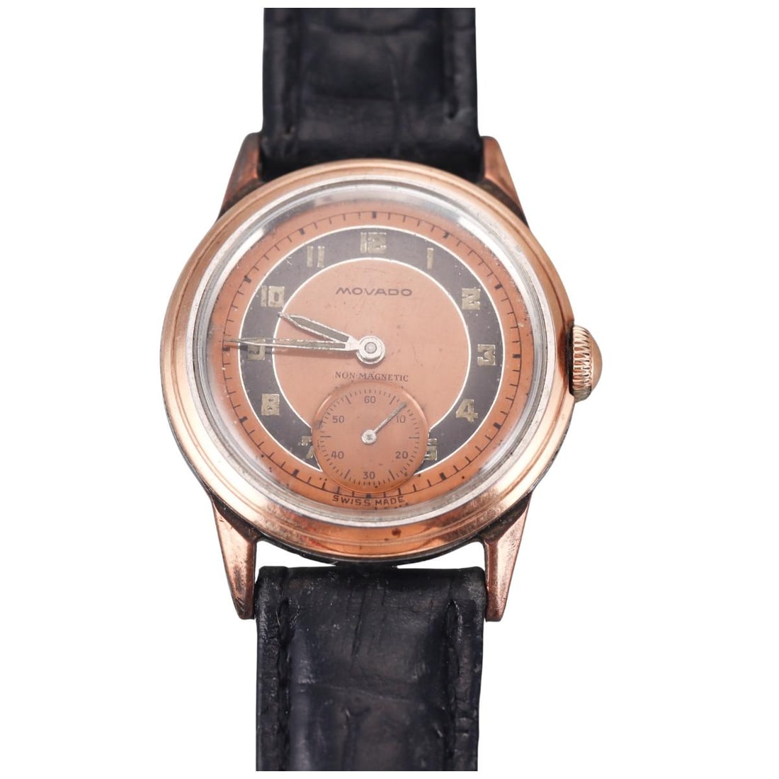 Vintage 1940s Movado Rare Dial Watch: Metal : Stainless Steel, Rose Gold Designer : Movado Movement : Manual Wind, Cal 470- working order. Measurements : Case 30mm. Band and buckle not original. Reference/Model: : n/a.