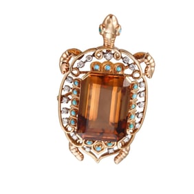 French Retro 1940s 18k Gold Diamond Turquoise Topaz Turtle Pendant Brooch