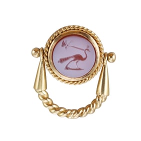 18k Gold Agate Intaglio Peacock Flip Ring
