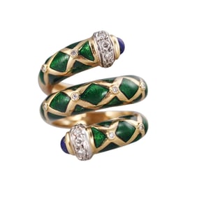 18k Gold Diamond Lapis Enamel Coil Wrap Ring