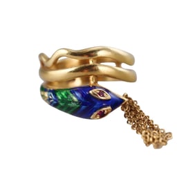 18k Gold Enamel Ruby Snake Tassel Ring