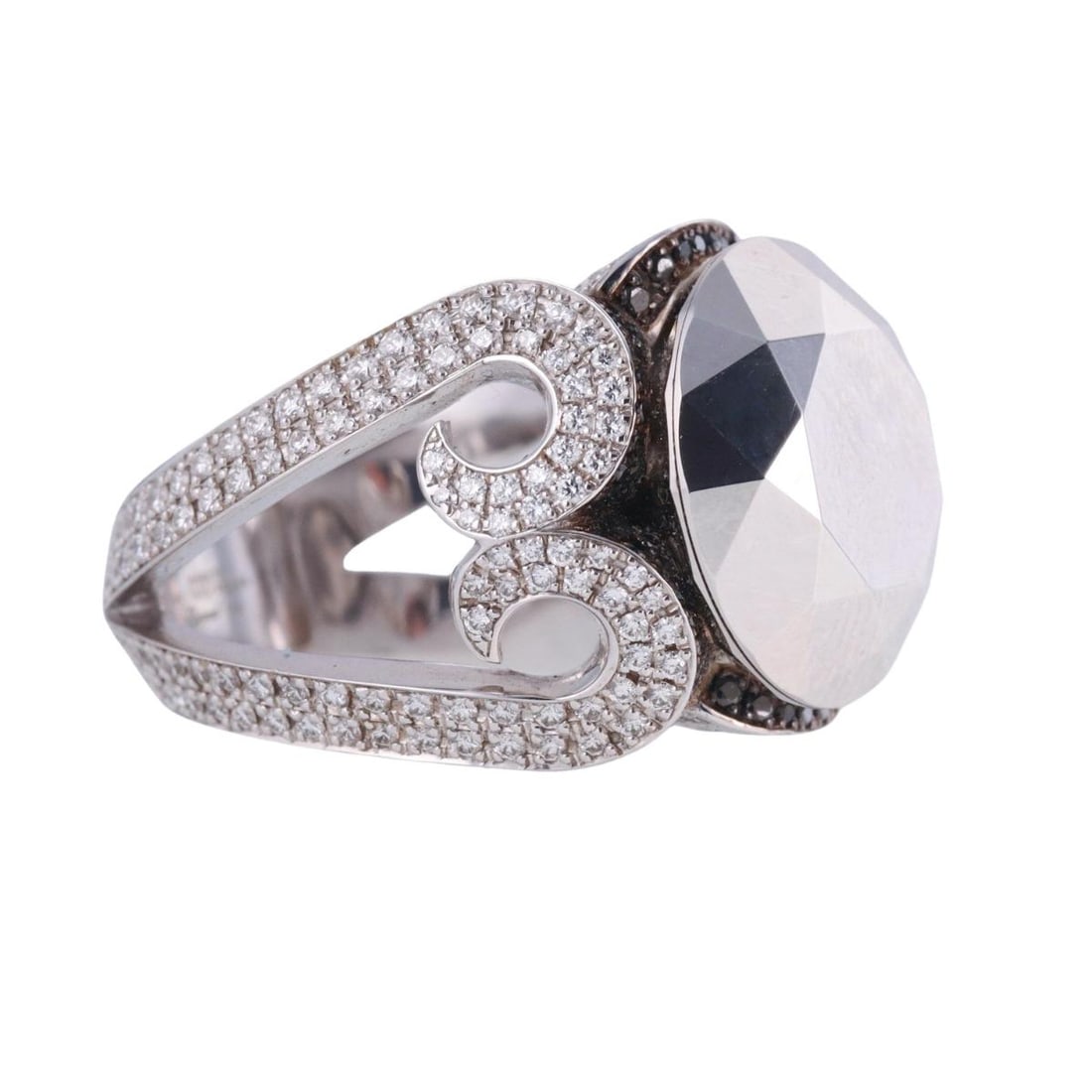 Chopard Black Diamond 18k Gold Cocktail Ring: Metal : 18k White Gold Designer : Chopard Gemstone : Hematite 15mm, Diamonds 1.03ctw, Black diamonds 0.43ctw. Measurements : Ring size 7, top is 16.5mm. Marked: : Chopard, 750, Serial No.