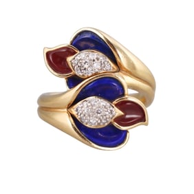 18k Gold Enamel Diamond Calla Lily Bypass Ring