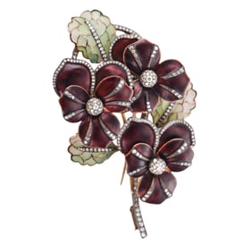 Antique Large 18k Gold Diamond Plique a Jour Flower Brooch