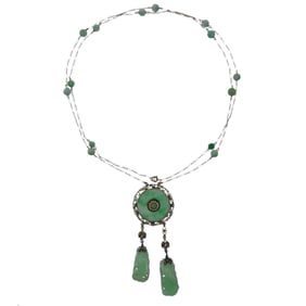 Arts & Crafts 1910s Jade Pearl Gemstone Gold Pendant Necklace