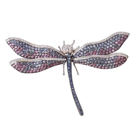 18k Gold 9 ctw Pink Blue Sapphire Diamond Dragonfly Brooch