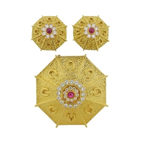 Andre Vassort France 18k Gold Diamond Ruby Brooch Earrings Set