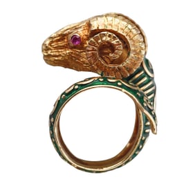 Lalaounis Zolotas Vintage 18k Gold Enamel Ruby DIamond Ram's Head Ring