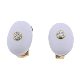 David Webb White Enamel Diamond Gold Earrings
